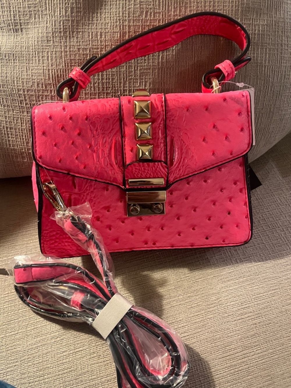 Pink Ostrich Studded Top-Handle Women's Bag